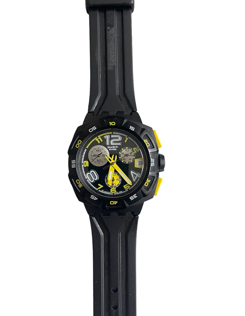 Swatch New Chrono YELLOW HEAD SUIB401 de 2008 état proche du neuf pile neuve installée 43 mm emballage d'origine image 1