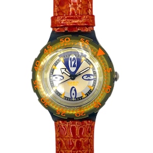 Swatch Scuba STARFLASH SDM103 del 1994, mai indossato, classico orologio Swatch degli anni &#39;90 con cinturino in pelle nella sua scatola originale, quadrante da 38 mm di diametro