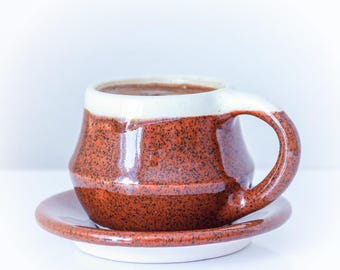 Handmade Double Coffee Cup & Saucer – Stoneware, 120 ml