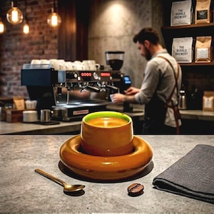May include: A brown ceramic cup with a bright green interior rim sits on a matching wide, rounded brown saucer. A small gold-toned metal spoon and a single roasted coffee bean are placed on the gray surface next to a folded dark gray napkin.