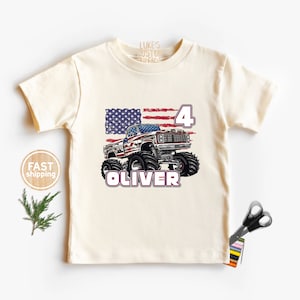 カスタムモンスタートラックバースデーシャツ、モンスターパーソナライズバースデーシャツ、USAトラックTシャツ、男の子用モンスタートラックバースデーギフトTシャツ、3歳