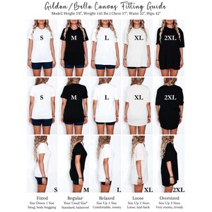 The image is a collage of 12 images showing different sizes of Gilt/Bella T-shirts, along with corresponding fit sizes. The images depict various styles of T-shirts, including regular, relaxed, loose, and oversized sizes. The fit sizes are labeled as S, M, L, XL, 2XL, and 2XL. The images provide a visual guide for selecting the appropriate size based on the individual's body measurements.
