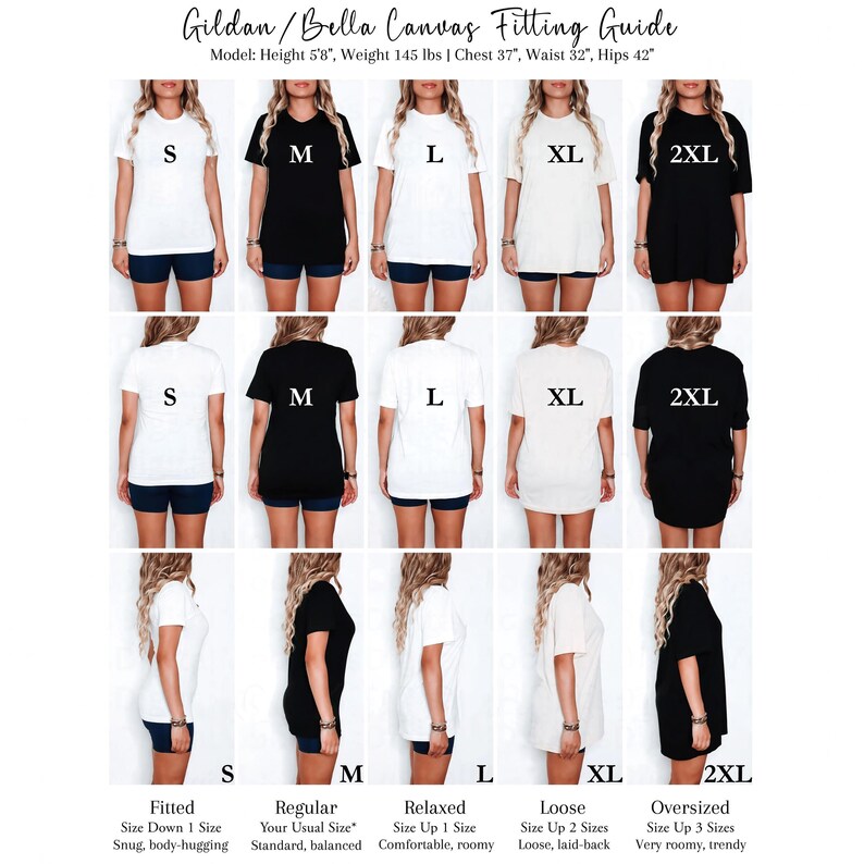 The image is a collage of 12 images showing different sizes of Gilt/Bella T-shirts, along with corresponding fit sizes. The images depict various styles of T-shirts, including regular, relaxed, loose, and oversized sizes. The fit sizes are labeled as S, M, L, XL, 2XL, and 2XL. The images provide a visual guide for selecting the appropriate size based on the individual's body measurements.