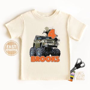 Monster Truck Birthday Shirt, Boys Personalized Birthday Shirt, Army Truck tshirt, Custom Monster Truck Birthday Gift Tee, Fourth Birthday
