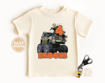 Monster Truck Birthday Shirt, Boys Personalized Birthday Shirt, Army Truck tshirt, Custom Monster Truck Birthday Gift Tee, Fourth Birthday