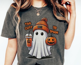 Camiseta de Halloween con colores reconfortantes de fantasmas, camiseta de fantasmas, camiseta demasiado linda para asustar, camiseta de fantasmas espeluznantes, temporada espeluznante, camiseta divertida de Halloween, calabaza