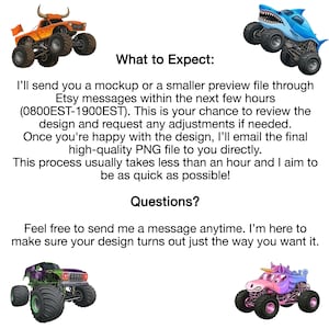 Puede incluir: La imagen presenta cuatro ilustraciones de monster trucks coloridos. Los camiones tienen dise&ntilde;os &uacute;nicos, incluyendo un toro, un tibur&oacute;n, un unicornio y un cami&oacute;n con un esquema de color p&uacute;rpura y verde. El texto explica el proceso de dise&ntilde;o y c&oacute;mo contactar al vendedor.