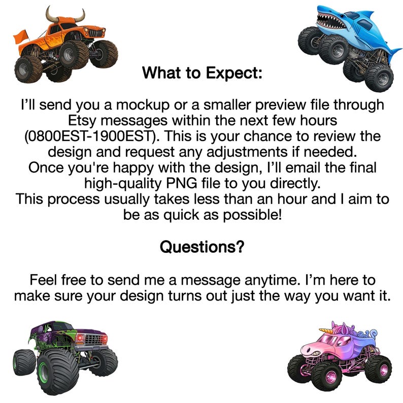 Puede incluir: La imagen presenta cuatro ilustraciones de monster trucks coloridos. Los camiones tienen dise&ntilde;os &uacute;nicos, incluyendo un toro, un tibur&oacute;n, un unicornio y un cami&oacute;n con un esquema de color p&uacute;rpura y verde. El texto explica el proceso de dise&ntilde;o y c&oacute;mo contactar al vendedor.