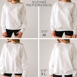 The image is a collage of four images showing different sizes of white sweatshirts, with each image labeled with the corresponding size in both 5' and 5' sleeves.