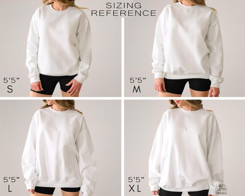 The image is a collage of four images showing different sizes of white sweatshirts, with each image labeled with the corresponding size in both 5' and 5' sleeves.