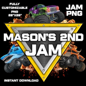 Puede incluir: Gráfico digital con tres monster trucks: un camión morado y verde, un camión tiburón azul y un camión toro naranja. El texto "MASON'S 2ND JAM" se muestra de forma destacada dentro de un triángulo amarillo y plateado. La imagen también incluye el texto "PNG TOTALMENTE PERSONALIZABLE 66cm x 66cm" y "DESCARGA INSTANTÁNEA".
