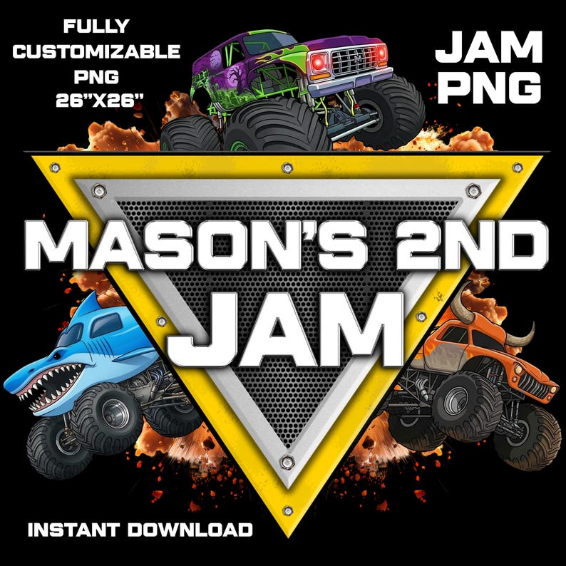 Puede incluir: Gr&aacute;fico digital con tres monster trucks: un cami&oacute;n morado y verde, un cami&oacute;n tibur&oacute;n azul y un cami&oacute;n toro naranja. El texto "MASON'S 2ND JAM" se muestra de forma destacada dentro de un tri&aacute;ngulo amarillo y plateado. La imagen tambi&eacute;n incluye el texto "PNG TOTALMENTE PERSONALIZABLE 66cm x 66cm" y "DESCARGA INSTANT&Aacute;NEA".