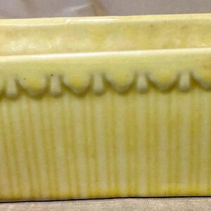 May include: A yellow ceramic planter with a scalloped edge and vertical lines. The planter is rectangular and has a smooth, glossy finish.