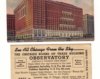 Folleto de admisión al observatorio del edificio de la Bolsa de Comercio de Chicago y postal del Hotel Bismarck - década de 1930