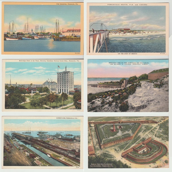 Pensacola, FL, Linen Postcards, Set of 6, 1940s