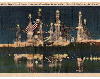 Exposición Internacional del Petróleo, Tulsa, Oklahoma, postal vintage de lino con vista nocturna, 1934
