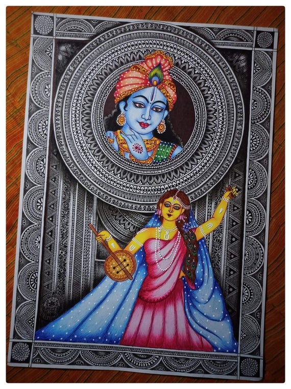 Beautiful mandala art of Radha krishna made with pen and water colour