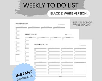 Weekly To Do List | Printable Black & White | Weekly Planner, Weekly Check List, Weekly Goals, To Do Tracker, Productivity Tracker