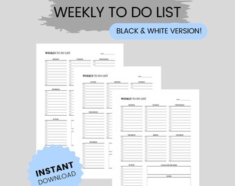 Weekly To Do List | Printable Black & White | Weekly Planner, Weekly Check List, Weekly Goals, To Do Tracker, Productivity Tracker