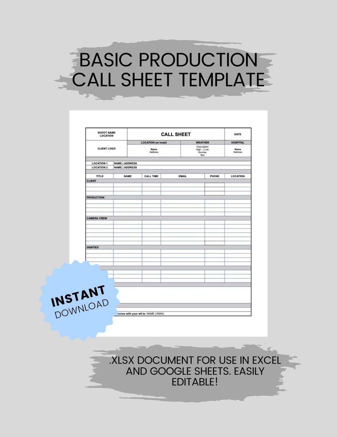 Basic Production Call Sheet Template Film and Photo Production Editable Basic Production Call Sheet Template Film and Photo Production Editable