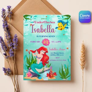 Invitation d’anniversaire de la princesse Ariel, modèle d’invitation modifiable pour fille, invitation imprimable petite sirène, fête sous la mer, téléchargement instantané