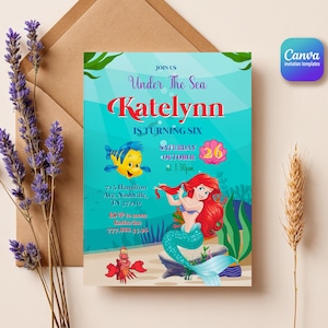 Princess Ariel Birthday invitation, Girl editable invite template, little mermaid printable invitation, under sea party, instant download