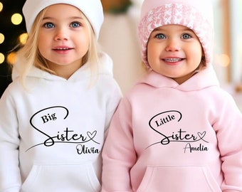 Große Kleine Schwester/Bruder Geschenk Sweatshirt personalisiert, Hoodie Für Geschwister, Big/Little, Kapuzenpullover mit Namen der Kinder