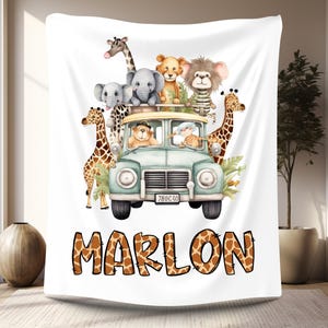 Personalized Gift Baby Blanket Fleece Blanket With Animals, For Children, Cuddly Blanket Baby Shower, Birthday, Safari Blanket with First Name,