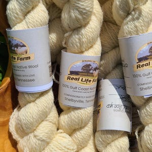 以下が含まれることがあります： 木製のボウルに入ったクリーム色の糸の束。糸には「Real Life Farm」と「100% Gulf Coast Native Wool」のラベルが付いています。ラベルには「Compassionately Raised」と「Shelbyville, Tennessee」の文字も含まれています。