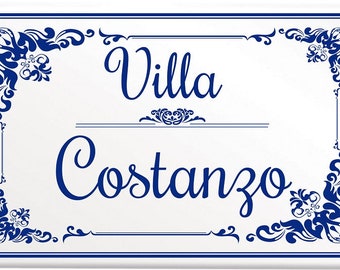 Placa de villa personalizada de 20 x 30 cm con flores con su escritura, su nombre, número de casa D24