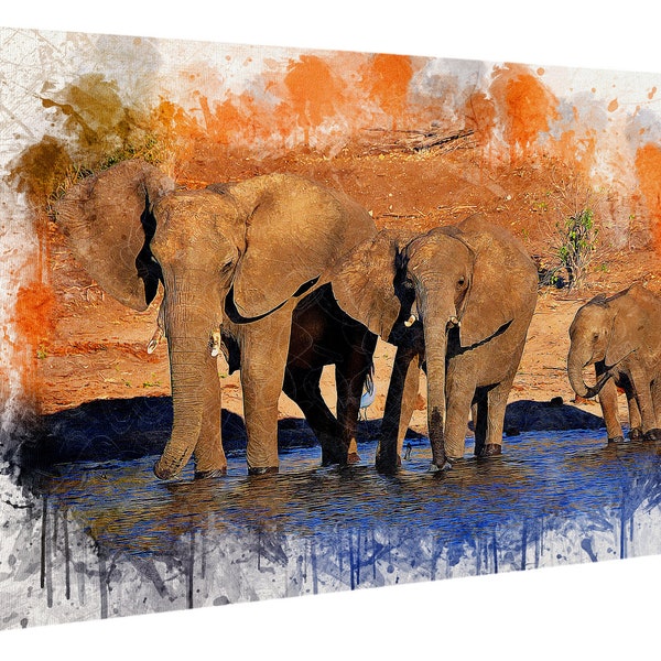 Stampa su tela elefanti animali africa , quadro ,Bild auf Leinwand, canvas Kunstdruck artigianale 50 x 70 cm Q54