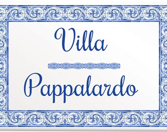 Plaque villa personnalisée carrelage 20 x 30 cm fleurs avec votre écriture, votre nom, numéro de maison D39