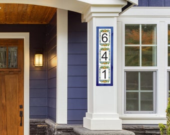 Grand numéro de maison en bois bleu avec oranges, plaque de villa Plaques verticales en bois et porcelaine fabriquées en Italie OR6