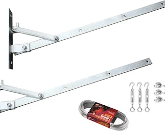 Galvanized Wall Clothesline Brackets Folding Iron Pair + 20 meters of wire 3 turnbuckles and 6 Wäschetrockner clamps