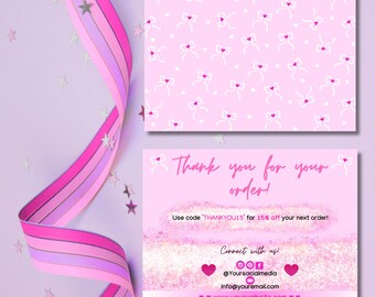 Editable Coquette Thank You Card Template For Small Businesses, Trendy Package Insert, Pink DIY Thank You Card Canva Template