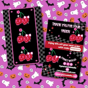 May include: Two black cards with a pink border and a checkerboard pattern. One card features three sets of cherry skull illustrations. The other card says "THANK YOU FOR YOUR ORDER!" and "Enjoy 15% off your next order with code: THANKYOU15".