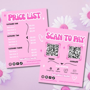 May include: Two pink business cards with a daisy background. One card says "PRICE LIST" and lists services. The other says "SCAN TO PAY" with QR codes for Venmo and CashApp. Social media icons are included.