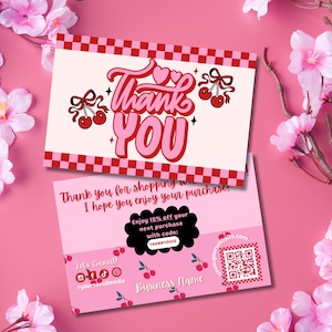 Retro Thank You Card Template, Editable Pink Canva Package Insert, DIY Cherry Small Business Card Coquette Customer Thank You Note, QR code