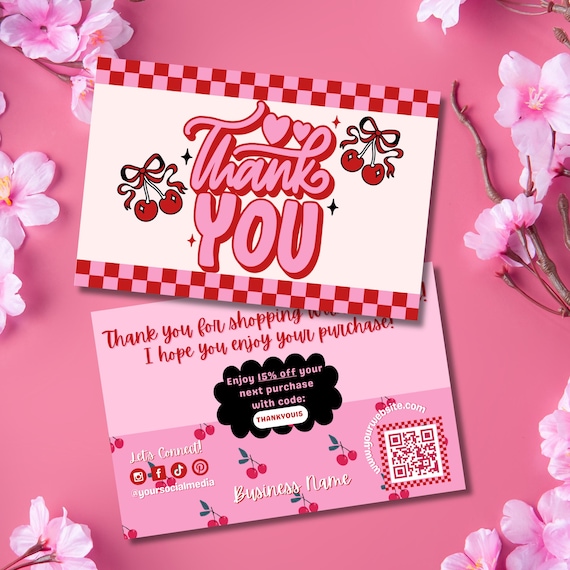 Retro Thank You Card Template, Editable Pink Canva Package Insert, DIY Cherry Small Business Card Coquette Customer Thank You Note, QR code