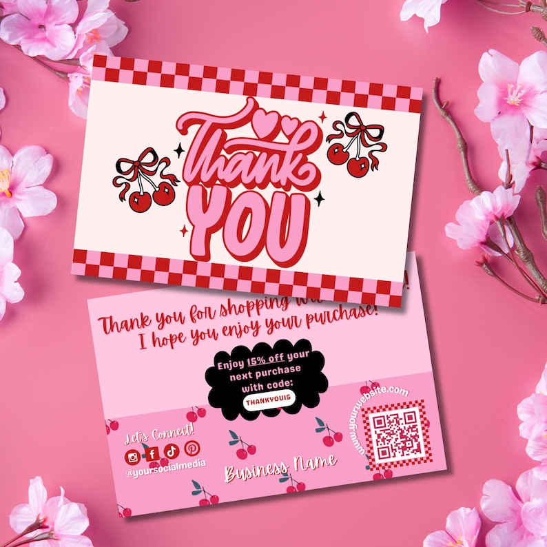 Retro Thank You Card Template, Editable Pink Canva Package Insert, DIY Cherry Small Business Card Coquette Customer Thank You Note, QR code