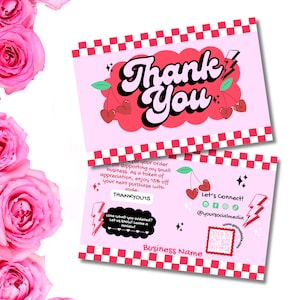 Editable Retro Thank You Card Template, Red Checkered Small Business Canva Package Insert, Pink Cherry Lightning Bolt Customer Thank You