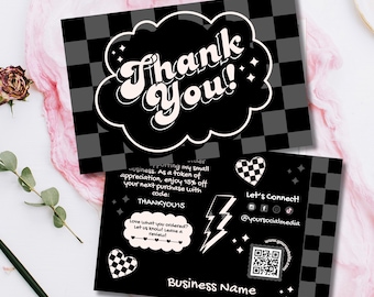 Retro Black & Gray Thank You Card Template, Editable Small Business Checkered Canva Package Insert, DIY Customer Thank You Note-006