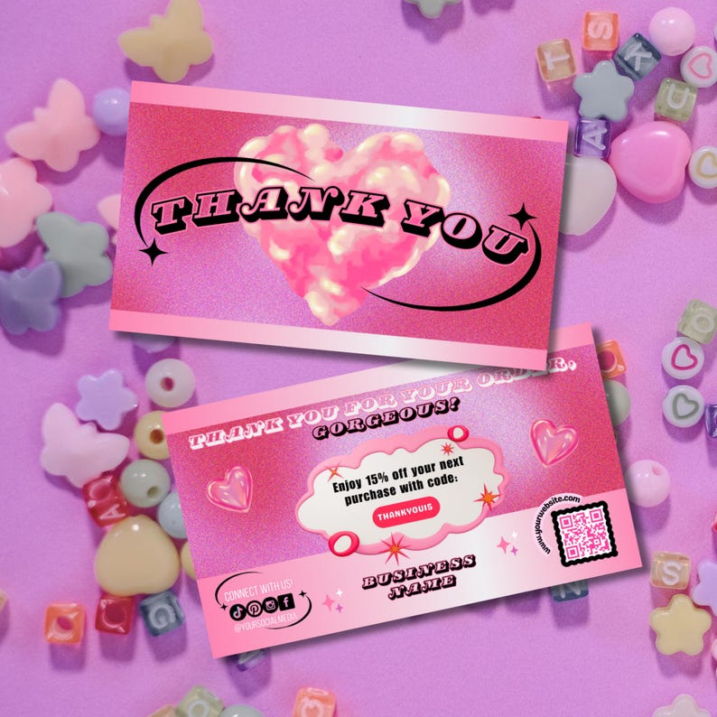 Y2K Thank You Card Template for Small Businesses, Pink Heart Retro ...