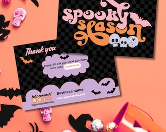 May include: Two Halloween-themed cards with the words "Spooky Season" in pink and orange, and a bat illustration. One card says "Thank you" and includes a discount offer. The cards have a black and purple color scheme with bat and skull graphics.