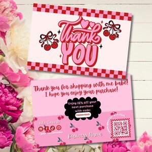 Retro Thank You Card Template, Editable Pink Canva Package Insert, DIY Cherry Small Business Card Coquette Customer Thank You Note, QR code image 2
