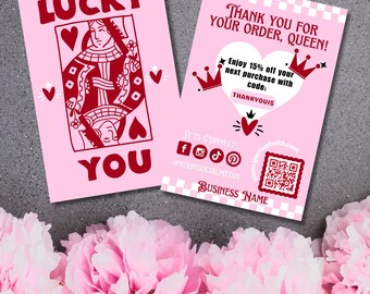 Lucky You Thank You Card Template, Queen Playing Card, Canva Card Template For Small Businesses, Editable Package Insert, Queen of Hearts