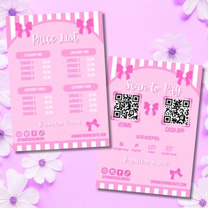 May include: Two pink price list flyers with white striped borders and pink bows. One flyer says "Price List" and lists categories and services. The other says "Scan to Pay" with QR codes for Venmo and Cash App.