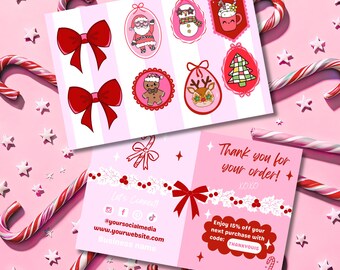 Pink Christmas Coquette Thank You Card Template, Small Business Holiday Editable Canva Package Insert, Cute Santa Thank You Note