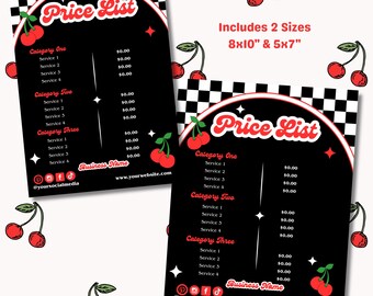 Mall för retroprislista för Cherry, redigerbar Canva-prismeny, prislista för småföretag, utskrivbar DIY-prislista för fransar, naglar och skönhetssalong