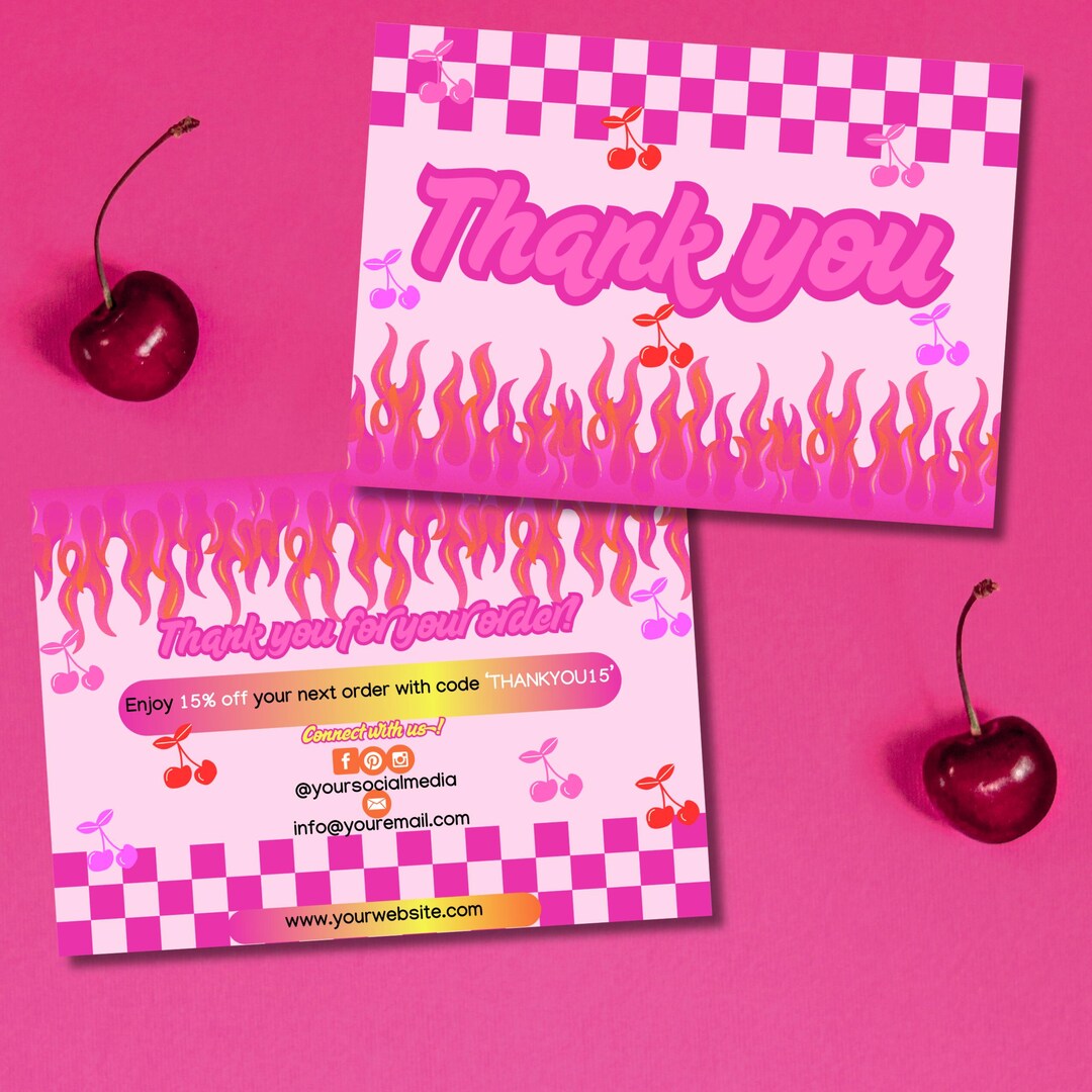 Retro Cherry Thank You Card Template for Small Businesses, Pink Canva ...